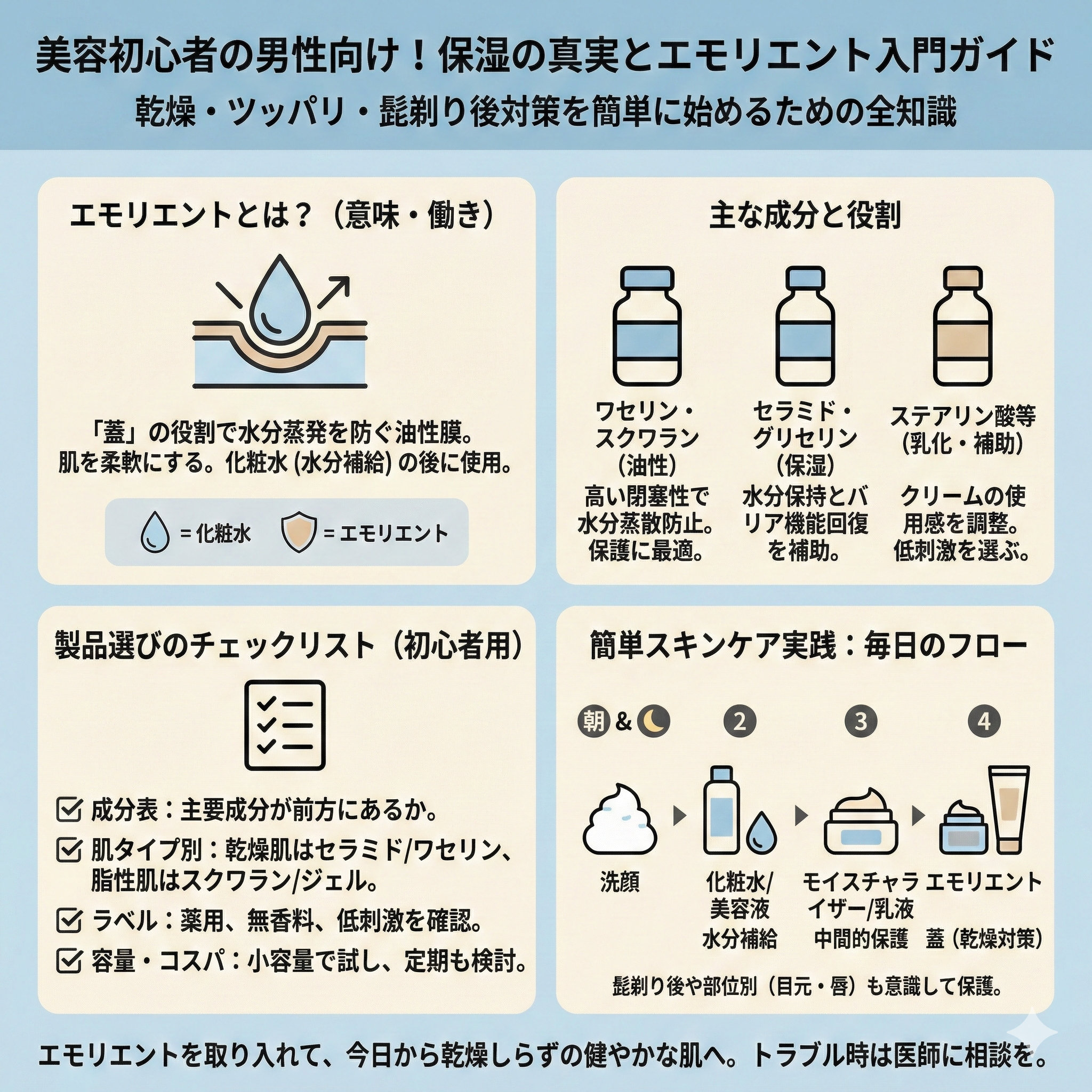 エモリエントとは？美容初心者の男性向けの保湿の真実
